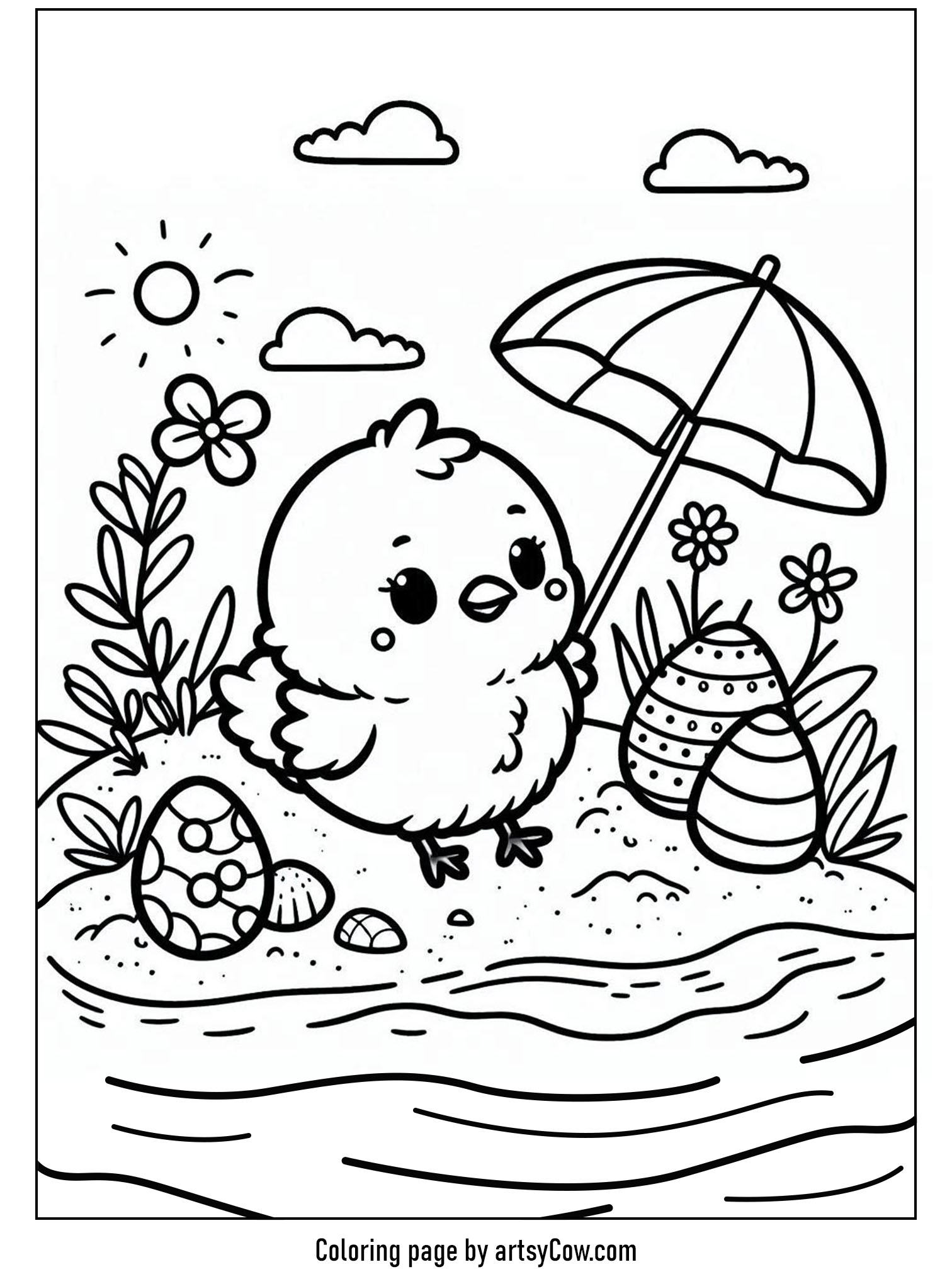 Easter chick coloring pages shows a cute chick at the beach. The chick holds a beach umbrella surrounded by flowers, decorated Easter eggs, and seashells, with the sun shining brightly.